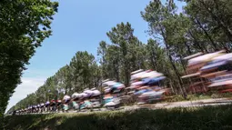 Pembalap melewati perkebunan saat beraksi pada ajang Tour de France 2023 di Bordeaux, Prancis (7/7/2023). Ajang balapan ini memiliki jarak tempuh hingga sepanjang 3.500 km. (Photo by Anne-Christine POUJOULAT / AFP)