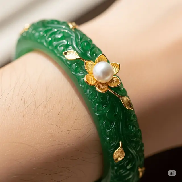 Gelang Giok Motif Bunga dengan Hiasan Mutiara-Emas