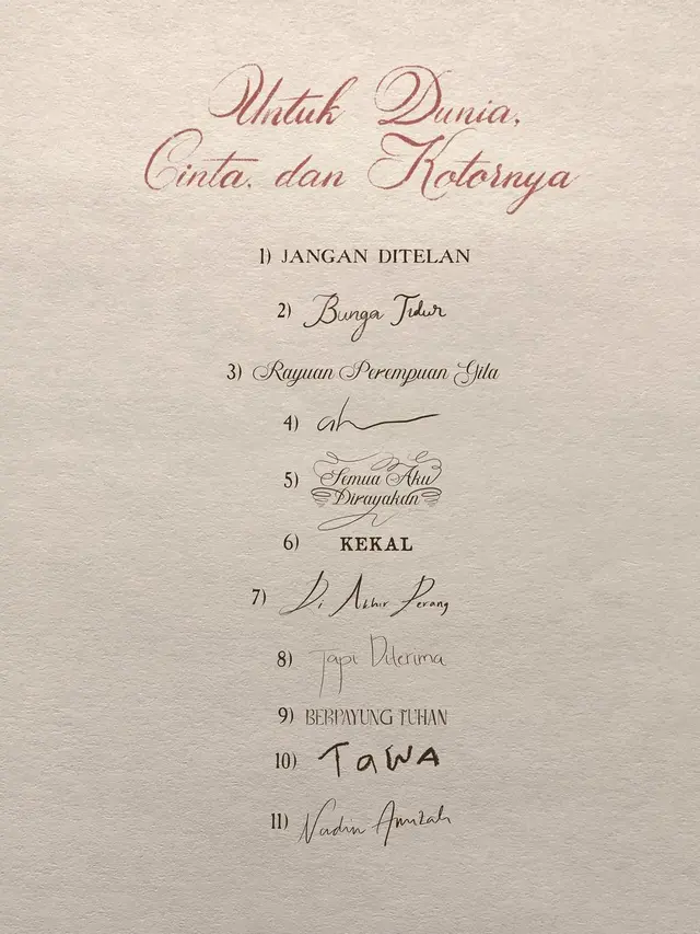 Setlist album Nadin Amizah "Untuk Dunia, Cinta, dan Kotornya"