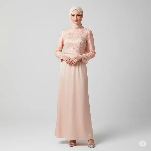 Inspirasi Gaun Pesta Muslimah High Neck Lace.