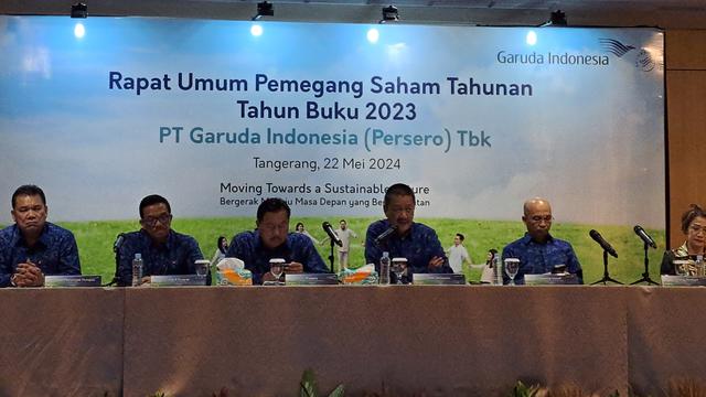 Rapat Umum Pemegang Saham (RUPS) Tahunan 2024, PT Garuda Indonesia (Persero) Tbk  digelar pada Rabu (22/5/02024). Dalam RUPS ini terapat perombakan jajaran komisaris hingga direksi. (Pramita/Liputan6.com)