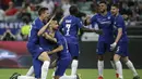 Striker Chelsea, Olivier Giroud, merayakan gol yang dicetaknya ke gawang Arsenal pada laga final Liga Eropa di Baku Olympic Stadium, Kamis (30/5) dini hari WIB. Chelsea menang 4-1 atas Arsenal. (AP Photo/Luca Bruno)