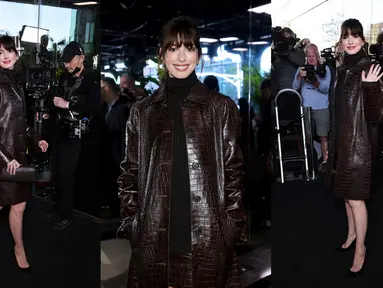 Foto kolase saat Anne Hathaway saat menghadiri Michael Kors Collection Spring/Summer 2023 Runway Show di New York City, Amerika Serikat, 14 September 2022. Lewat penampilan terbarunya, Anne Hathaway kembali mengingatkan publik akan karakter ikonik yang diperankannya di film The Devil Wears Prada. (Jamie McCarthy/Dimitrios Kambouris/AFP)