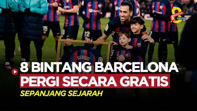 Berita Motion grafis delapan bintang Barcelona yang pergi tinggalkan El Barca secara cuma-cuma alias gratis. Terbaru ada Sergio Busquets, yang resmi tinggalkan Barcelona akhir musim 2022/2023.