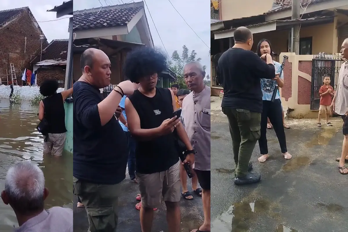 Tangkapan layar rekaman video warga mengusir dua kreator TikTok (pria berambut kribo dan wanita memakai kaos biru) saat membuat konten di pemukiman yang dilanda banjir di Bandar Lampung. Foto : (Istimewa).