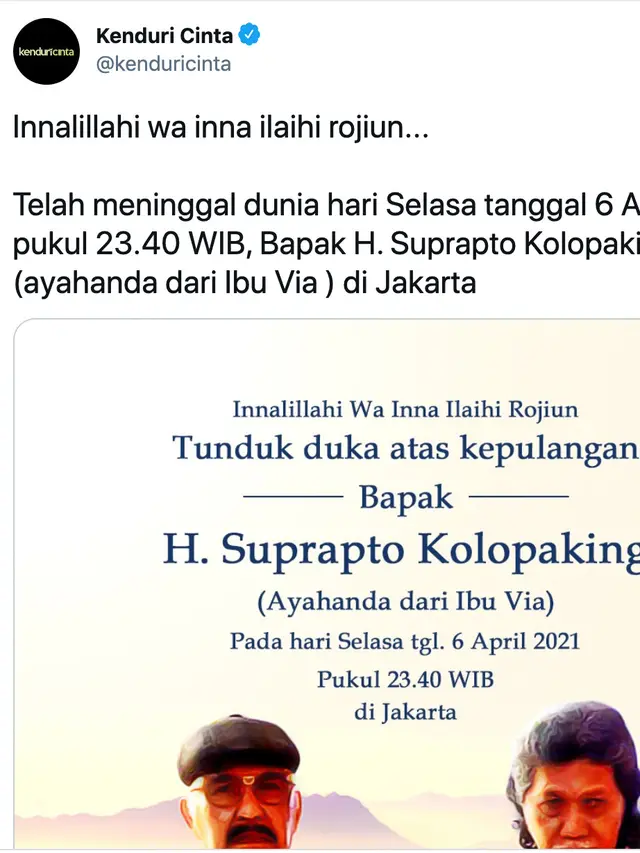 Unggahan akun Twitter @kenduricinta. (Foto: Twitter @kenduricinta)