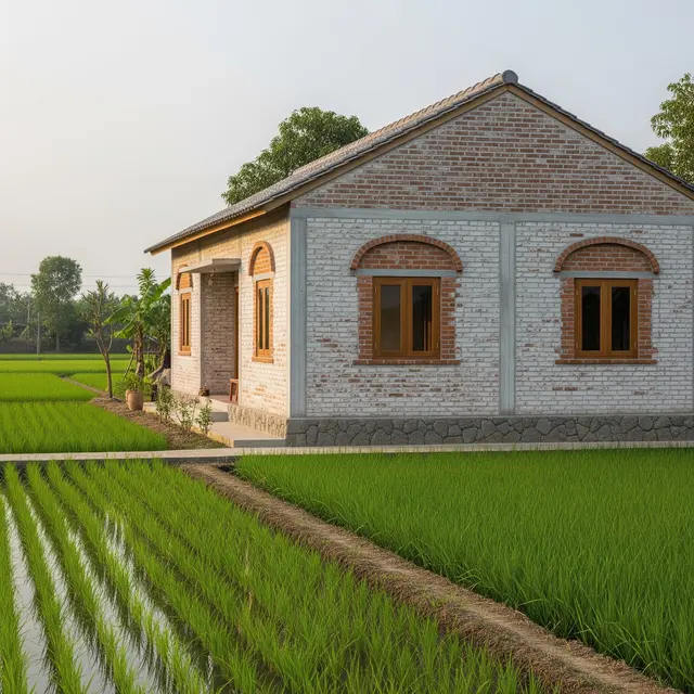 Model Rumah Minimalis di Desa Pinggir Sawah (Image by Gemini AI)