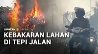 Api membakar lahan di tepi jalan raya hingga membuat pengendara panik.