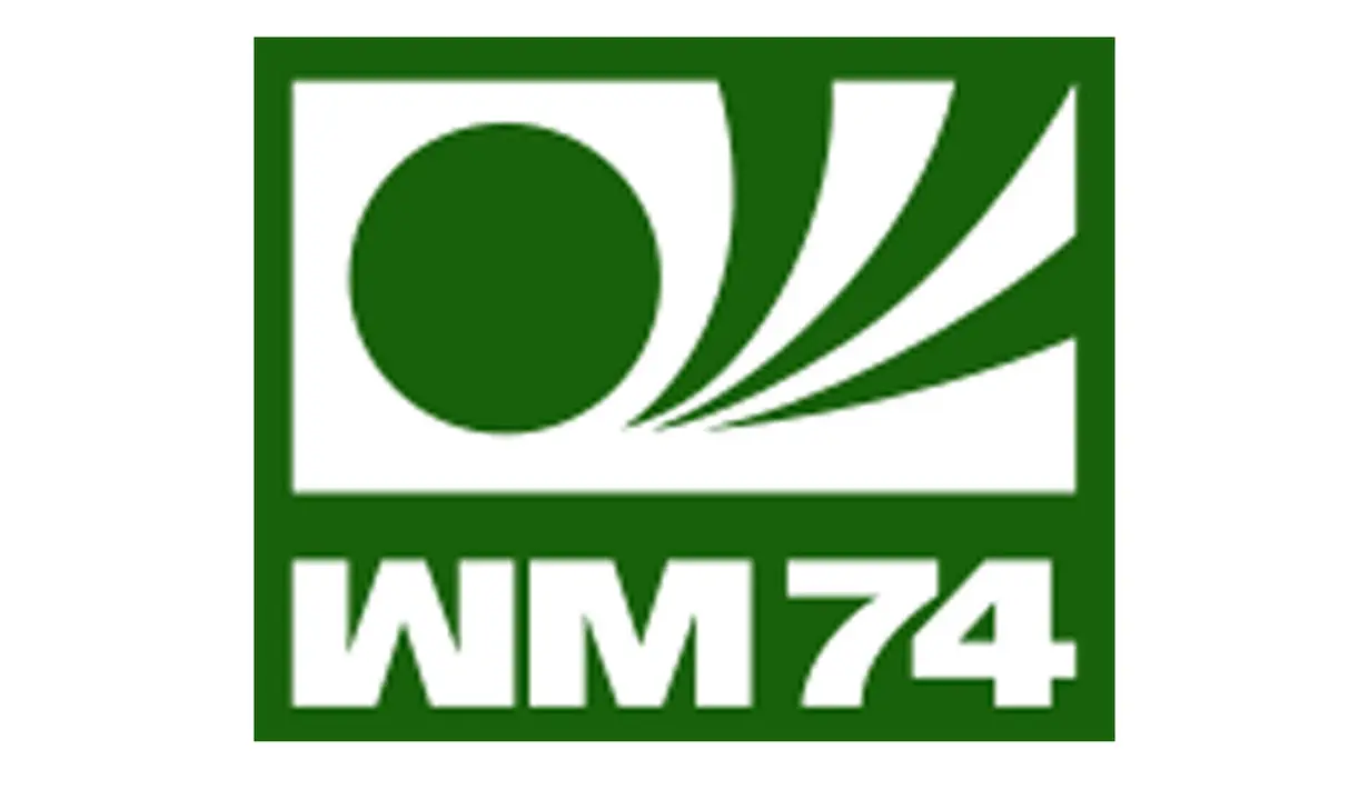 Logo Piala Dunia tahun 1974 di Jerman Barat. Warna Hijau mendominasi dengan tulisan WM 74 yang berarti Piala Dunia 1974. (Istimewa)