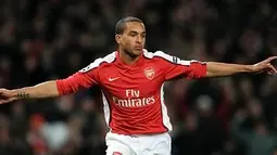 Aksi selebrasi winger Arsenal Theo Walcott seusia mencetak gol ke gawang Barcelona pada leg pertama babak perempat final Liga Champions di Emirates Stadium, London, 31 Maret 2010. AFP PHOTO/ADRIAN DENNIS