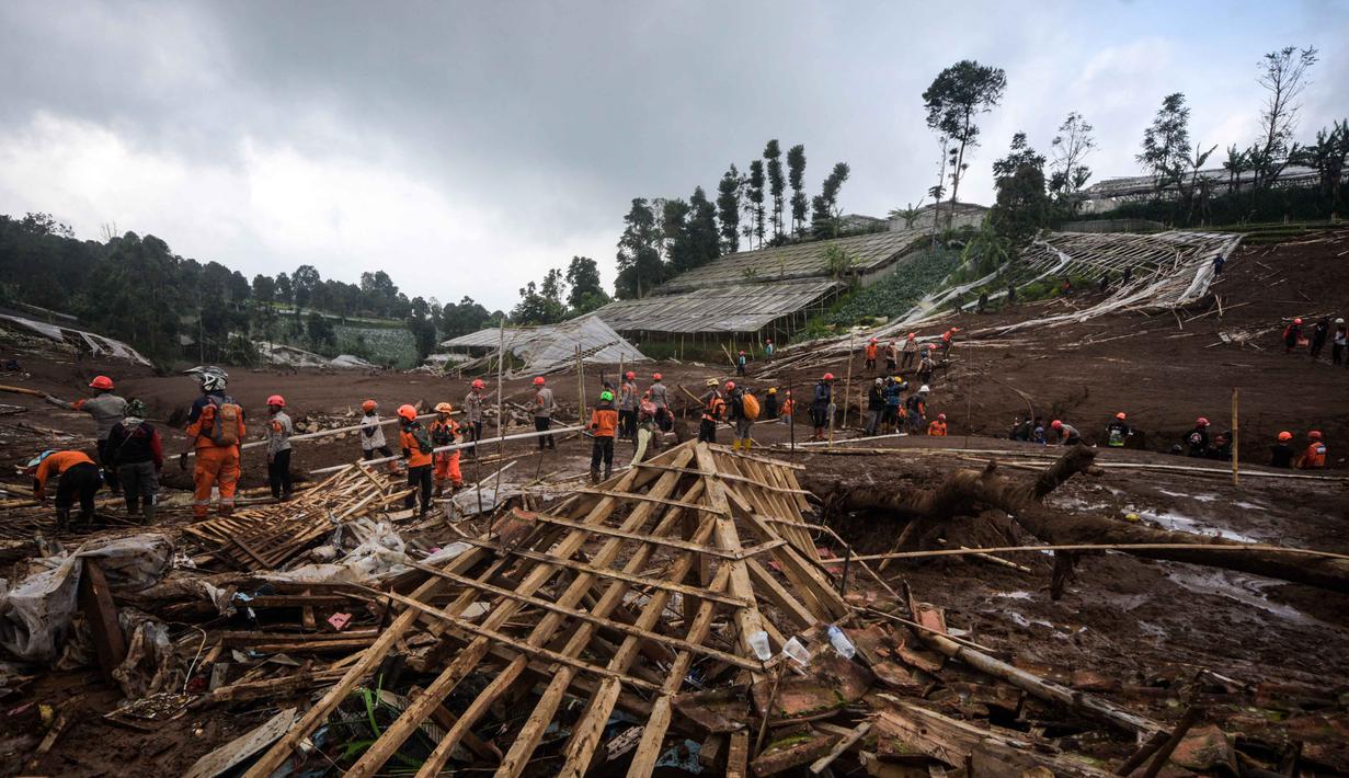 Hingga Minggu 25 Januari 2026, pukul 12.00 WIB, tim pencari dan penyelamat gabungan menemukan total 16 jenazah dari lokasi bencana. Tampak dalam foto, tim penyelamat mencari korban tanah longsor di Desa Pasirlangu, Kecamatan Cisarua, Kabupaten Bandung Barat, Jawa Barat pada Minggu 25 Januari 2026. (Timur Matahari/AFP)
