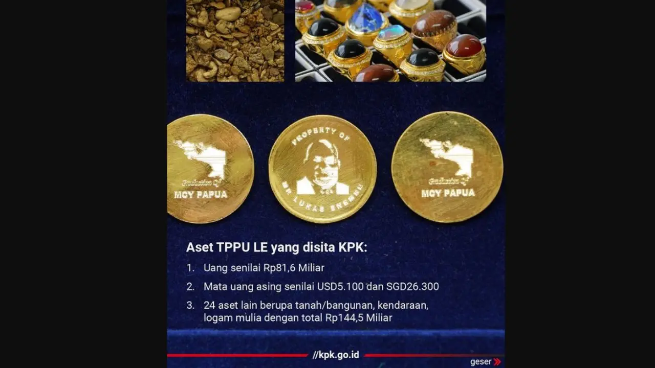 Emas koin dengan wajah Gubernur nonaktif Papua Lukas Enembe yang disita Komisi Pemberantasan Korupsi (KPK).