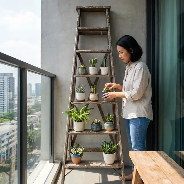 Tangga Kayu Bekas untuk Rak Pot Kecil (Gemini AI)
