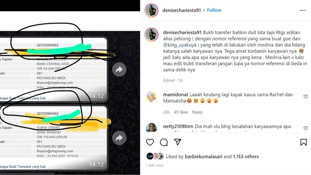 Denise Chariesta mengunggah bukti transfer dari seorang selebgram yang diduga menipunya. (Instagram @denisechariesta91)