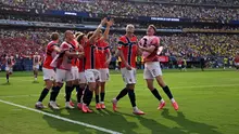 Pemain Timnas Norwegia merayakan gol yang dicetak Erling Haaland ke gawang Brasil dalam laga 16 Besar Piala Dunia 2026 di New York/New Jersey Stadium, Senin (6/7/2026) dini hari WIB. (Jewel SAMAD / AFP)