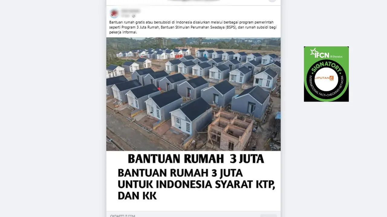Tangkapan layar klaim link pendaftaran bantuan rumah gratis atau bersubsidi yang beredar di Facebook.