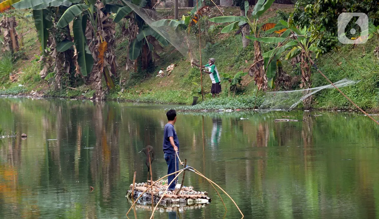 Warga sekitar Situ Gintung mencari ikan Nila, Mujahir, Gabus mengunakan jaring dan jala di cirendeu, Ciputat Timur, Tangerang Selatan, Banten, Kamis (13/8/2020). Selain dimanfaatkan warga mencari ikan Situ Gintung juga sebagai objek wisata ekonomis. (merdeka.com/Dwi Narwoko)