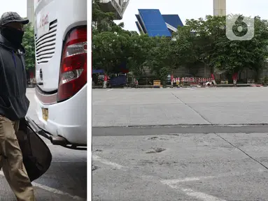 Foto kiri menggambarkan situasi Terminal Kampung Rambutan pada Senin (30/3/2020). Foto kanan menggambarkan situasi Terminal Kampung Rambutan pada Sabtu (25/4/2020). Guna memutus mata rantai penularan Covid-19, pemerintah resmi melarang mudik pada Jumat (24/4) lalu. (Liputan6.com/Helmi Fithriansyah)