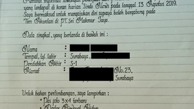 Top 3: Viral Surat Lamaran Kerja yang Ditulis Tangan dengan Rapi - Liputan6.com