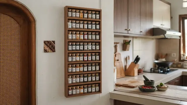 Ide rak bumbu yang menyatu dengan dinding dapur sehingga terlihat rapi dan elegan, model tipis di dinding dapur