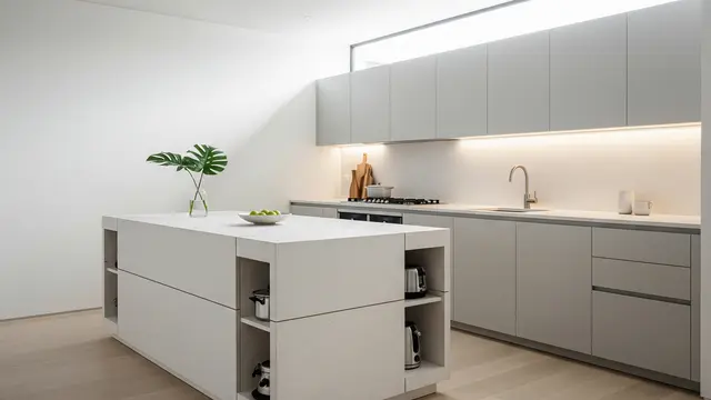 Dapur Minimalis dengan Insel Penyimpanan Tersembunyi