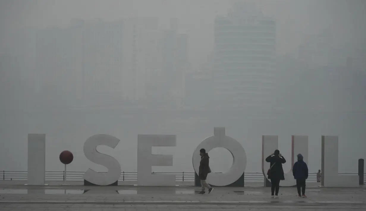 Pengunjung mengenakan masker untuk melindungi dari polusi udara dan dingindi sepanjang Sungai Han di sebuah taman di Seoul, Korea Selatan (10/12/2019). Menurut World Quality Quality Index, kadar partikel ultra-halus mencapai 194 di Korea Selatan.(AP Photo/Lee Jin-man)