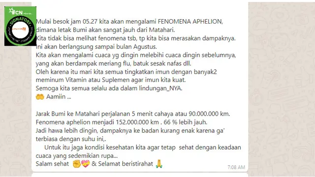 Cek Fakta Liputan6.com mendapati klaim fenomena Aphelion membuat suhu lebih dingin
