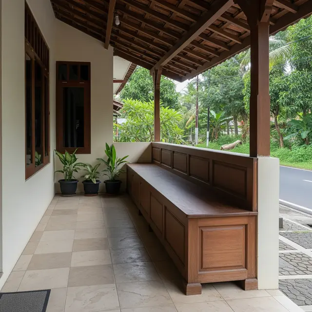 Teras Depan Rumah Sempit Budget Terbatas dengan Bangku Kayu Panjang untuk Ruang Penyimpanan