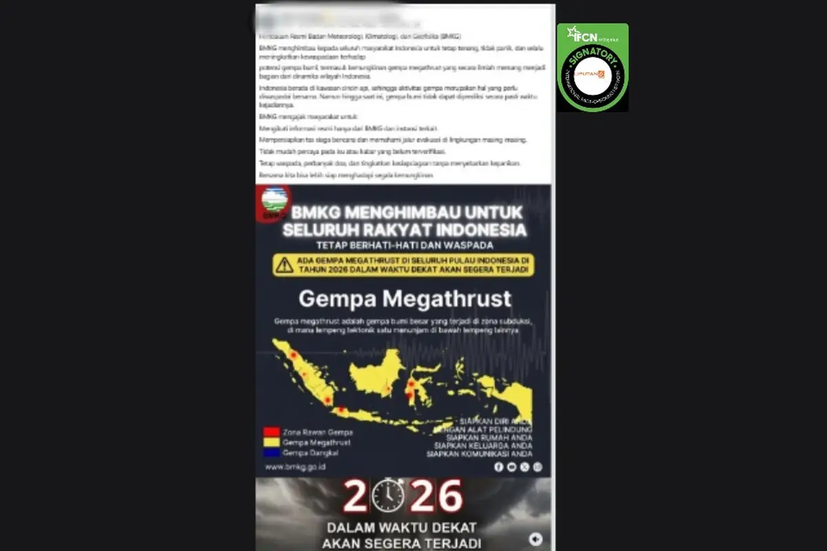 Cek Fakta Liputan6.com mendapati klaim unggahan yang menyebutkan BMKG memprediksi gempa megathrust akan terjadi di seluruh Indonesia pada 2026.