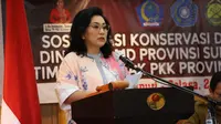 Ketua TP–PKK Sulawesi Utara Sulut, Rita Maya Dondokambey Tamuntuan di acara Sosialisasi Konservasi dan Hemat Energi di Manado, Selasa (24/10/2023).