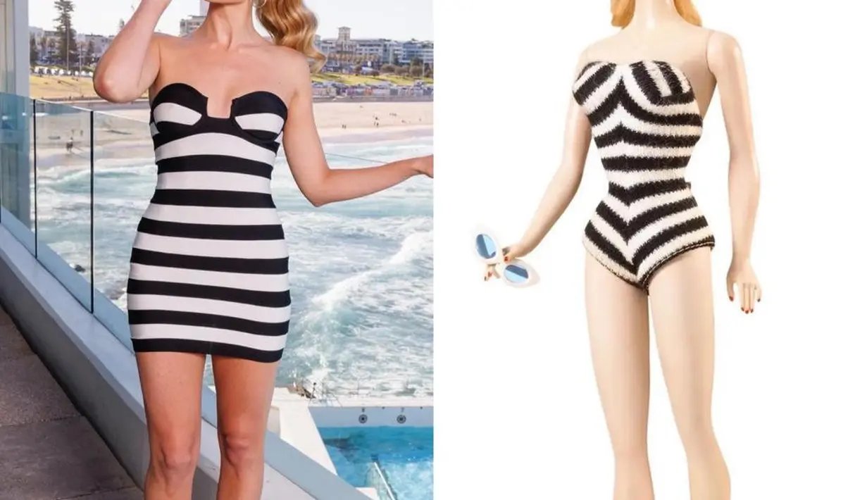 Di Bondi Beach, Margot Robbie keluar dengan  gaun Herve Leger bergaris-garis hitam dan putih, terinspirasi dari tampilan boneka Barbie pertama di dunia.
