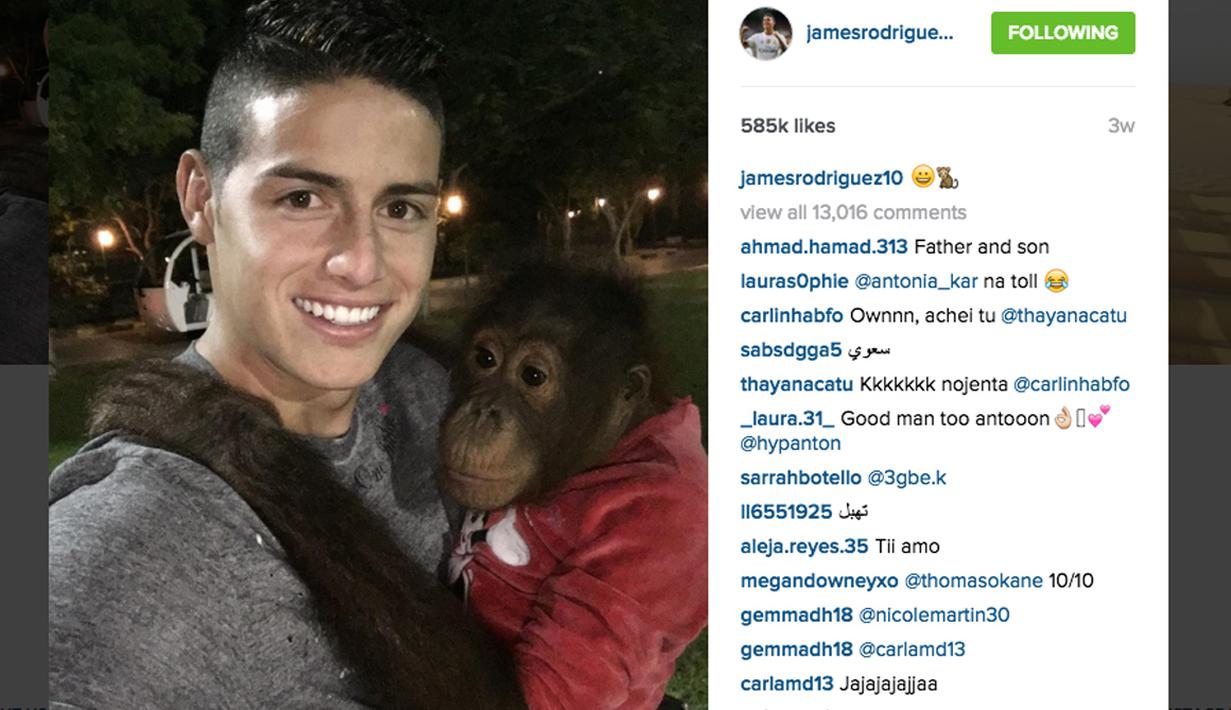 Bintang Real Madrid, James Rodriguez memiliki 18 juta Followers di Instagram miliknya, James akrab dengan penggemarnya bahkan dengan Seekor Simpanse yang senang memelukknya. (Photo/Instagram)