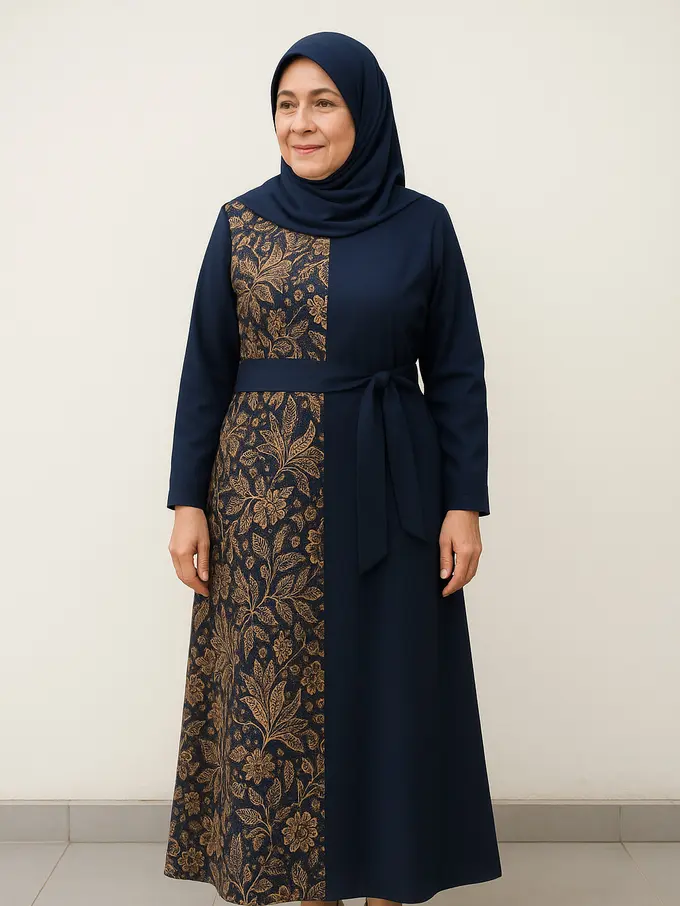 Model Gamis Batik Ibu-Ibu Umur 50 Tahun Kombinasi Kain Polos