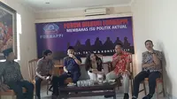 Direktur Eksekutif Sindikasi Pemilu dan Demokrasi (SPD), August Mellaz menyampaikan sebuah formula yang efektif untuk menghitung komposisi kabinet Jokowi-Maruf. (Liputan6/Yopi)