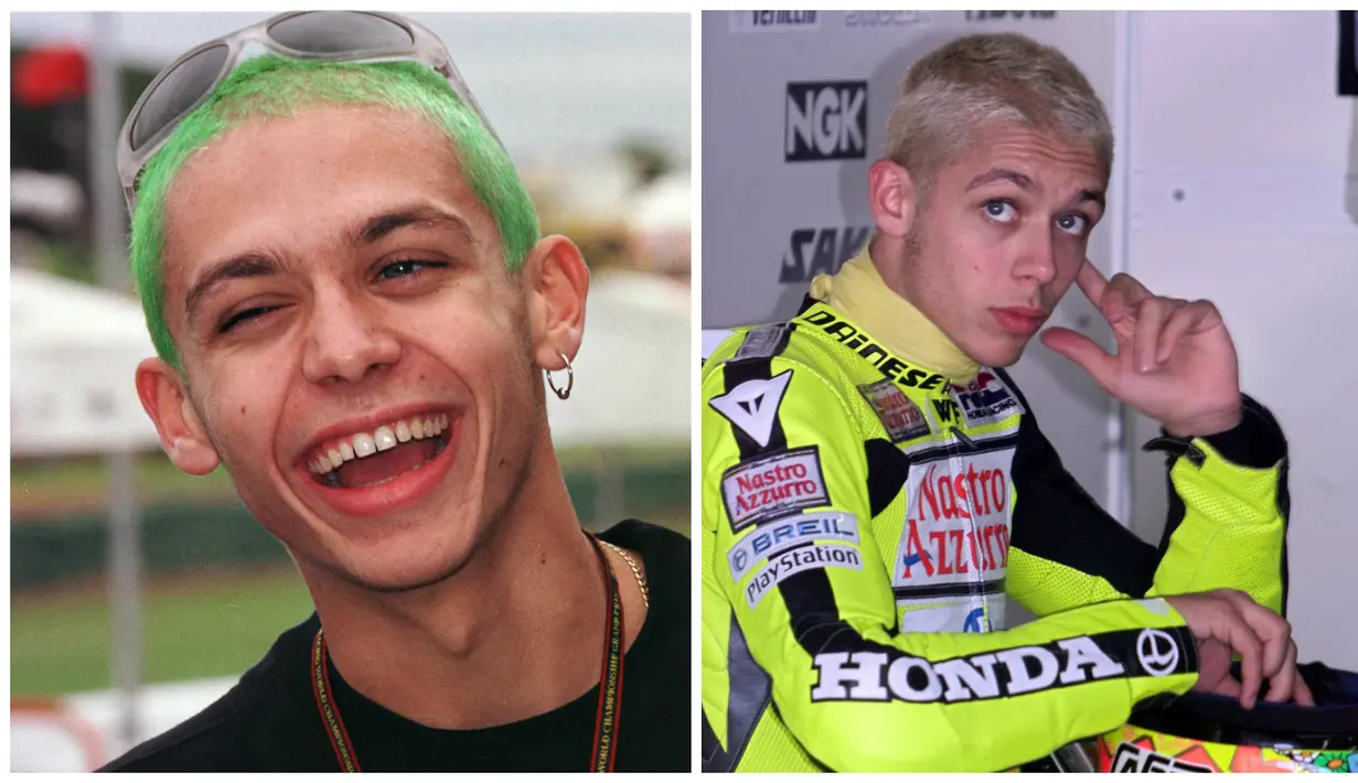 Gaya Valentino Rossi dengan rambut hijau tahun 1998 (kiri) dan rambut perak tahun 2000. (AFP)