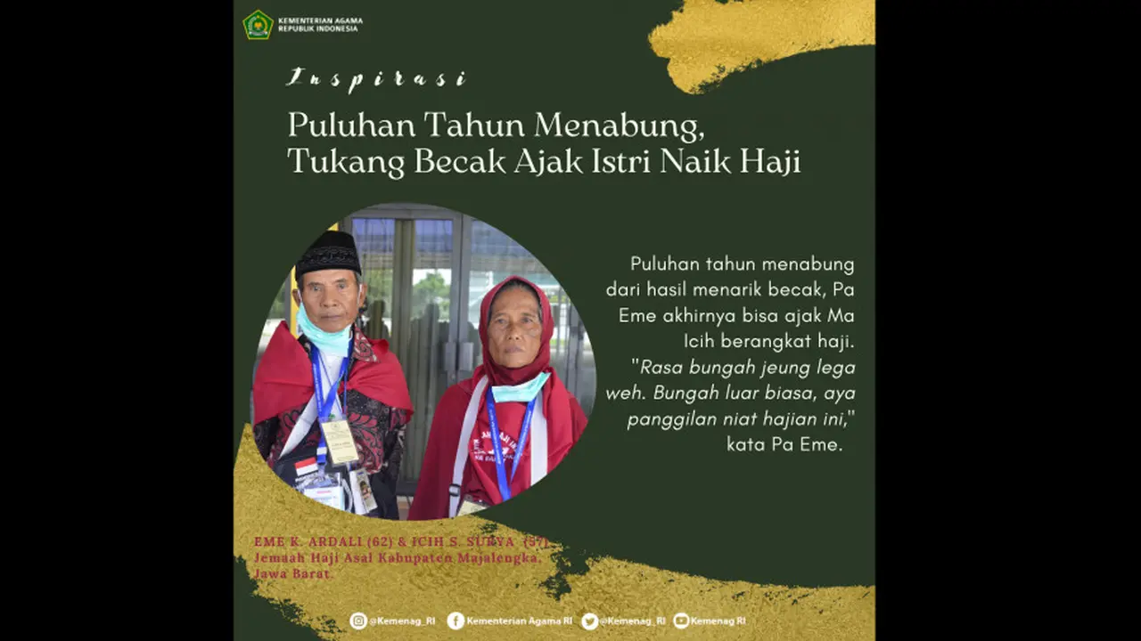 Pasangan suami istri Eme Karma Ardali (62) dan Icih Salsih Surya (57) pergi haji 2020 usai menabung puluhan tahun dari hasil narik becak. (dok Kemenag)