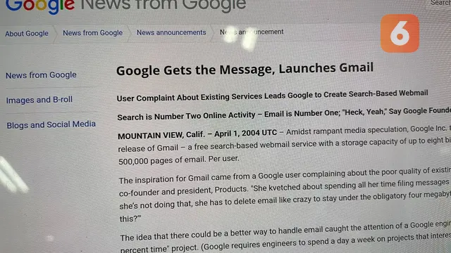 Google merilis Gmail pada April Mop tahun 2004.