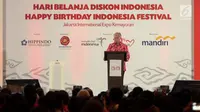 Mendag Enggartiasto Lukito memberikan sambutan pada pembukaan Hari Belanja Diskon Indonesia dan Happy Birthday Indonesia Festival di Jakarta, Selasa (15/8). Acara berlangsung dari 15-27 Agustus  di Gambir Expo Kemayoran. (Liputan6.com/Faizal Fanani)