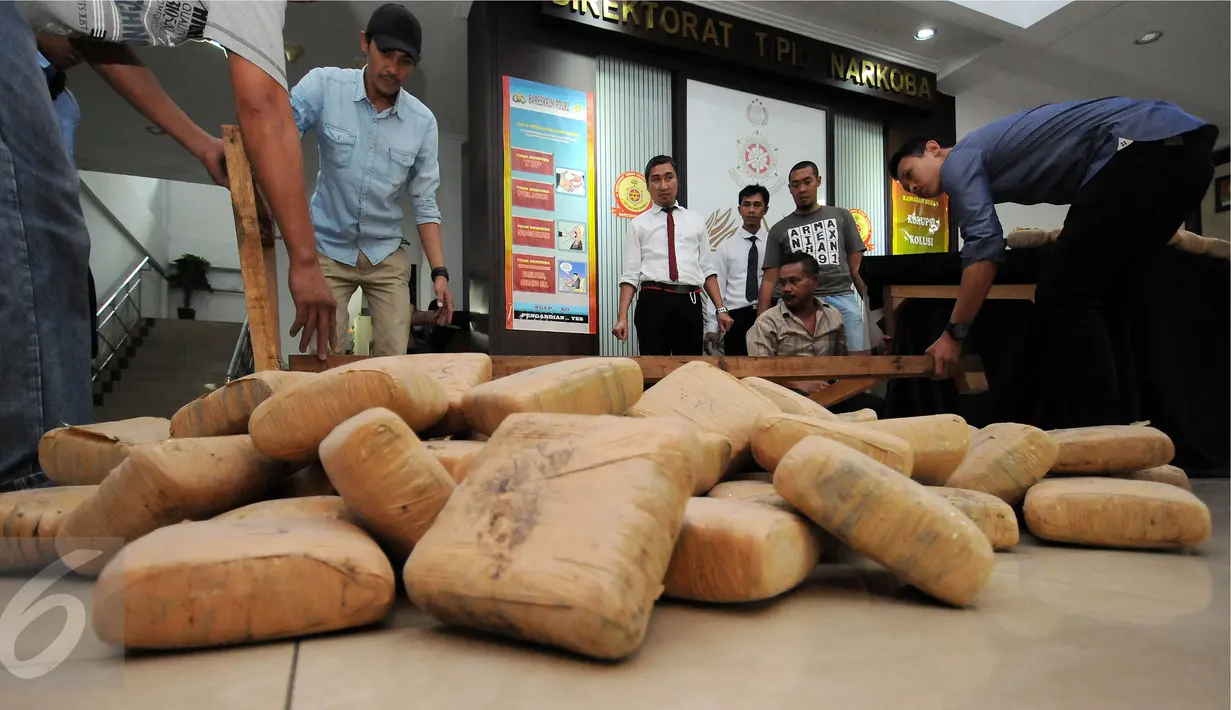 Petugas Dir IV Narkoba Mabes Polri membongkar puluhan pak ganja saat rilis di Jakarta, Selasa (24/5/2016). Petugas menahan enam orang tersangka dengan barang bukti narkoba jenis ganja seberat satu ton. (Liputan6.com/Helmi Fithriansyah)