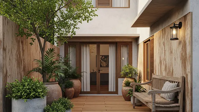 Desain Teras Rumah Sederhana dengan Tanaman Pot Besar (AI)