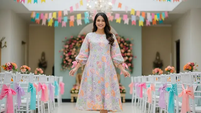 Midi Dress Batik dengan Detail Tali di Lengan Bishop