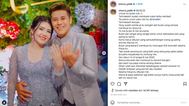 Chevra Yolinda Ungkap Makna Mendalam di Balik Bulan Mei, Waktu yang Dipilih untuk Melamar Via Valen. (instagram.com/chevra_yo88)