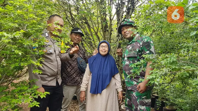 Juju Juarnah saat melihat kebun anggur Brazil miliknya, bersama perangkat desa dan aparat di Kampung Sinagar Papak Ranji, Desa Pasirhalang Kecamatan Sukaraja Kabuoaten Sukabumi (Liputan6.com/Fira Syahrin).