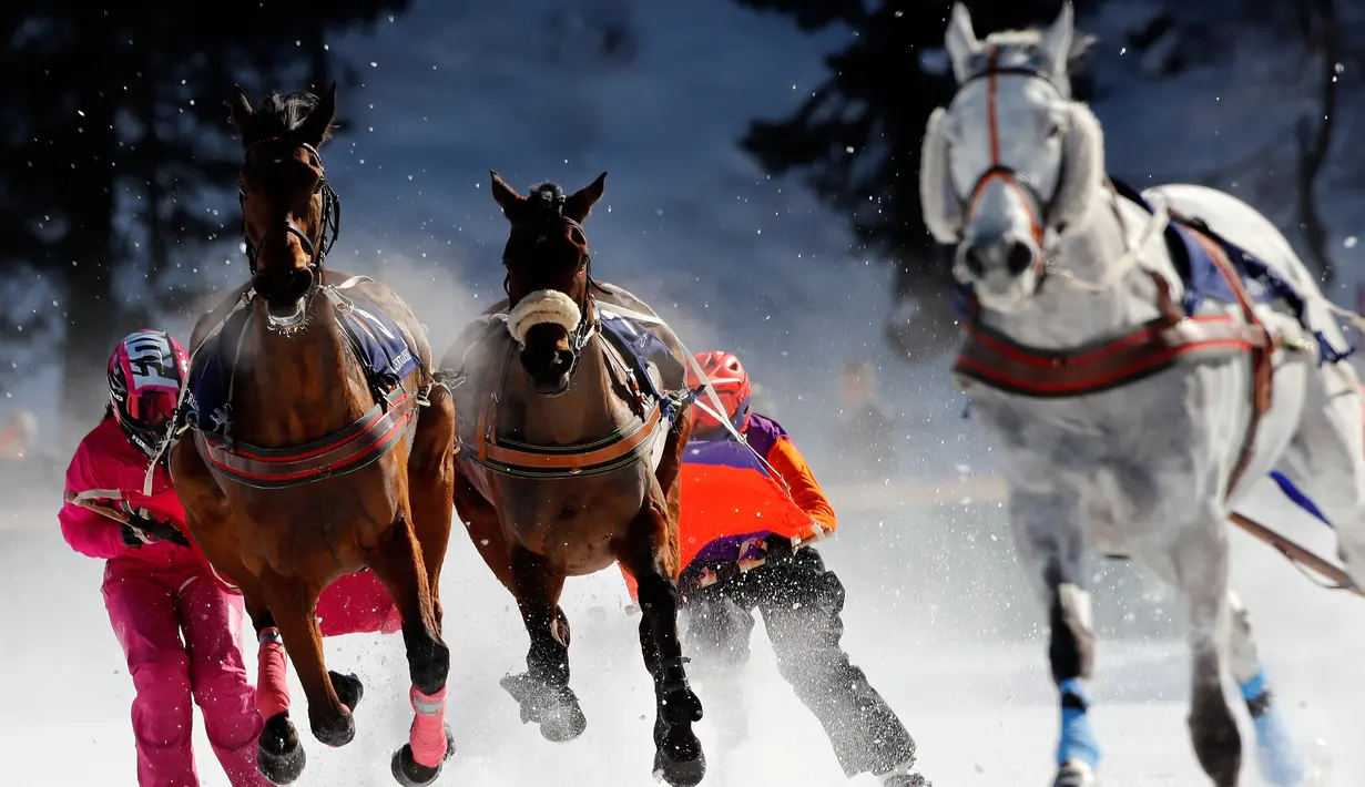 Para peserta saling memacu kudanya saat lomba Skijoring selama pacuan kuda White Turf di danau beku, Saint Moritz, Swiss, 17 Februari 2019. Pacuan kuda White Turf pertama kali diadakan pada 1907 oleh kaum bangsawan Eropa. (STEFAN WERMUTH / AFP)