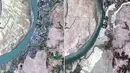 Citra satelit DigitalGlobe pada 2 Desember 2017 (kiri) dan 5 Februari 2018 (kanan) di Desa Myar Zin, sekitar 30 kilometer (19 mil) utara Maungdaw, Rakhine, Myanmar.  Sebagian besar desa Rohingya telah diratakan oleh pihak berwenang. (DigitalGlobe via AP)