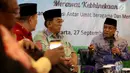 Ketua Umum PBNU KH Said Aqil Siradj memberikan sambutan di Gedung PBNU, Jakarta, Rabu (27/9). Tema acara ini "Menumbuh Kembangkan Toleransi Antar Umat Beragama dan Menolak Gerakan Intoleransi". (Liputan6.com/Johan Tallo)