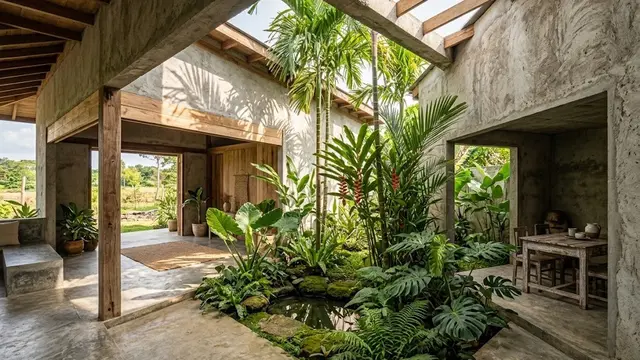 Rumah Desa Unfinished Modern dengan Kombinasi Kaca dan Kayu