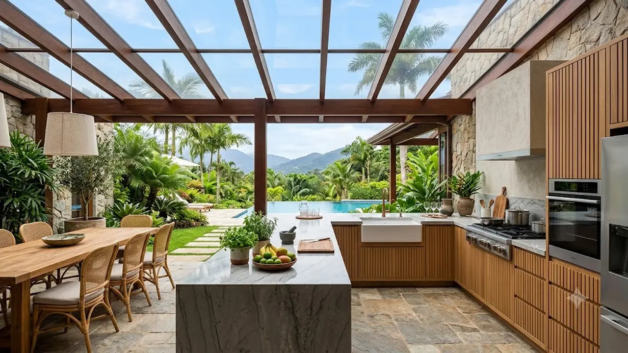 Ide Dapur Semi Outdoor dengan Atap Transparan (AI Generated)