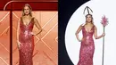 Nikki Glaser cosplay jadi Barbie dengan gaun pink full payet dari Prabal Gurung. Ia bahkan mengenakan layaknya topi uskup dan tongkat di tangannya [@prabalgurung]