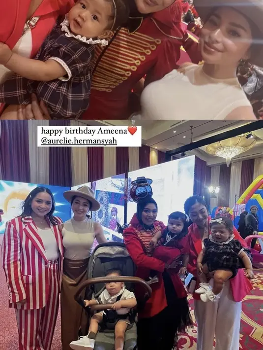 Nikita Willy hadir bersama Nona Willy. Nikita tampil dengan tank top putih dipadukan long skirt cokelat dan mengenakan topi. Nona tampil dengan blazer merahnya.  (@nikitawillyofficial94)